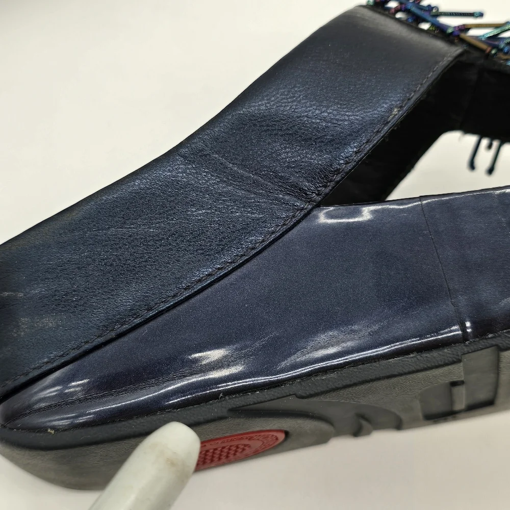 FitFlop Cha Cha Rumba Sandals Sz 8 Blue Leather Beaded Fringe Thong Platform - Picture 9 of 14